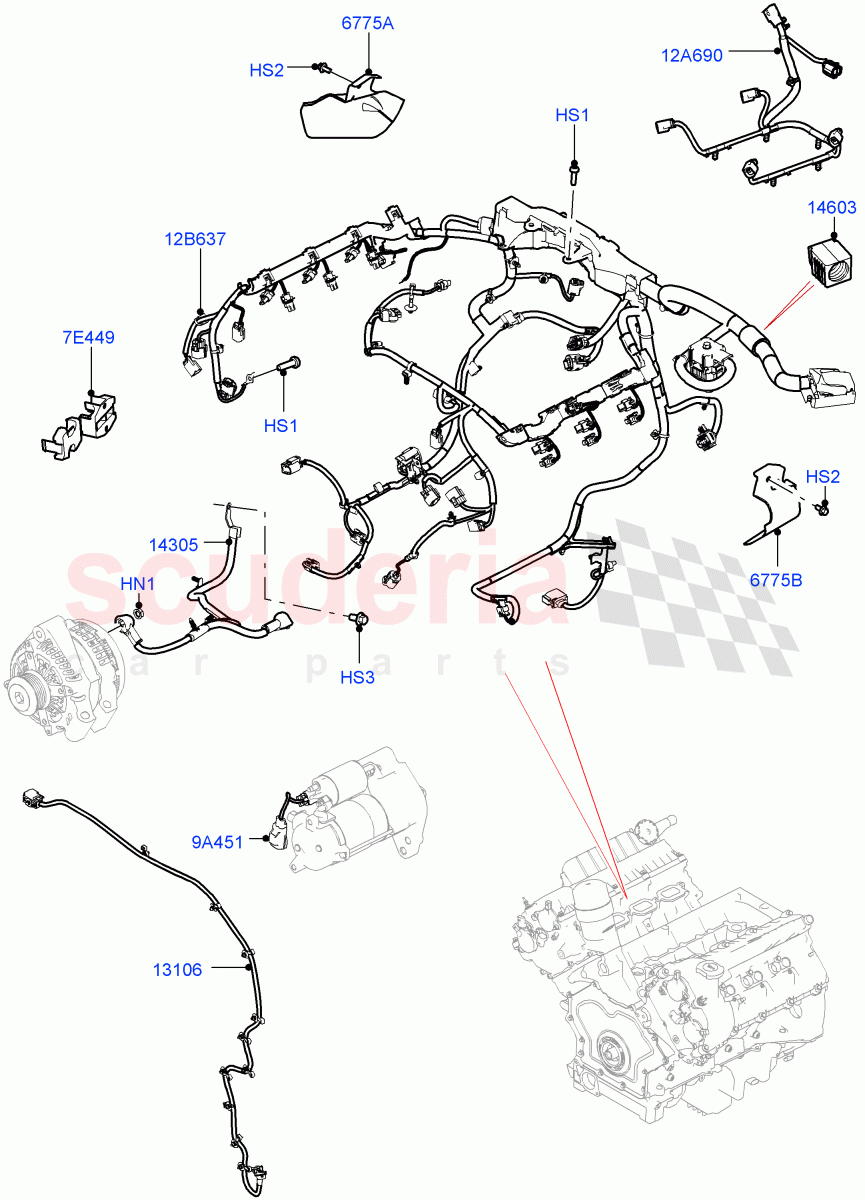 Engine Harness (Solihull Plant Build) (3.0L DOHC GDI SC V6 PETROL) ((V) FROMHA000001) of Land Rover Land Rover Discovery 5 (2017+) [3.0 Diesel 24V DOHC TC]