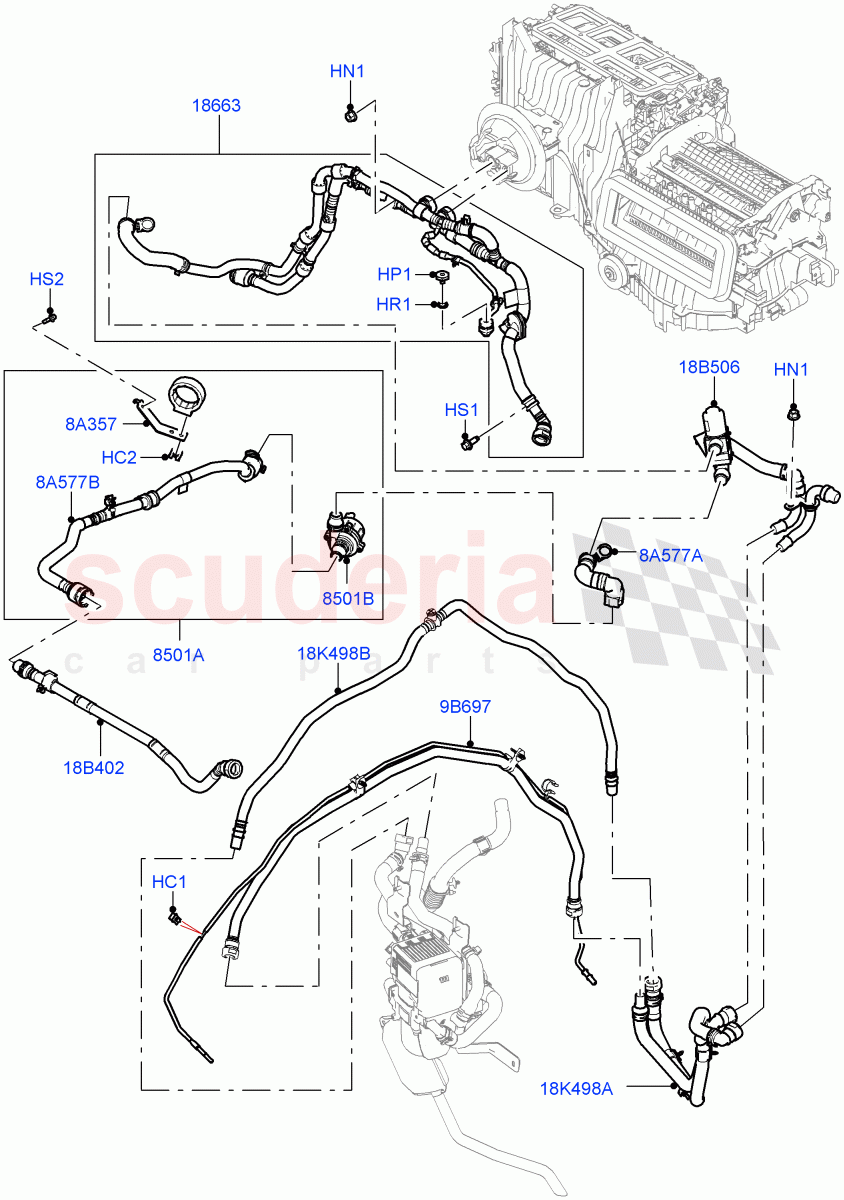 Heater Hoses (4.4 V8 Turbo Petrol (NC10), Fuel Fired Heater With Park Heat, With Air Conditioning - Front/Rear, Fuel Heater W/Pk Heat With Remote) of Land Rover Land Rover Range Rover (2022+) [3.0 I6 Turbo Petrol AJ20P6]