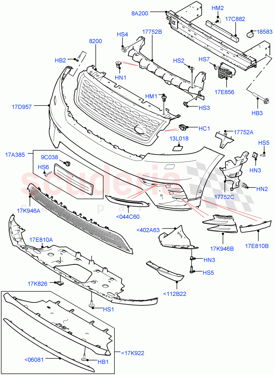 Radiator Grille And Front Bumper (Front Bumper-Steel-Black, Front Bumper-NBk/GlBk/Cop/GlBk/Satl, Bumpers-Gry/Noble Blk/Gloss Blk/COP, Grille-Platinum Atlas) of Land Rover Land Rover Range Rover Velar (2017+) [3.0 Diesel 24V DOHC TC]