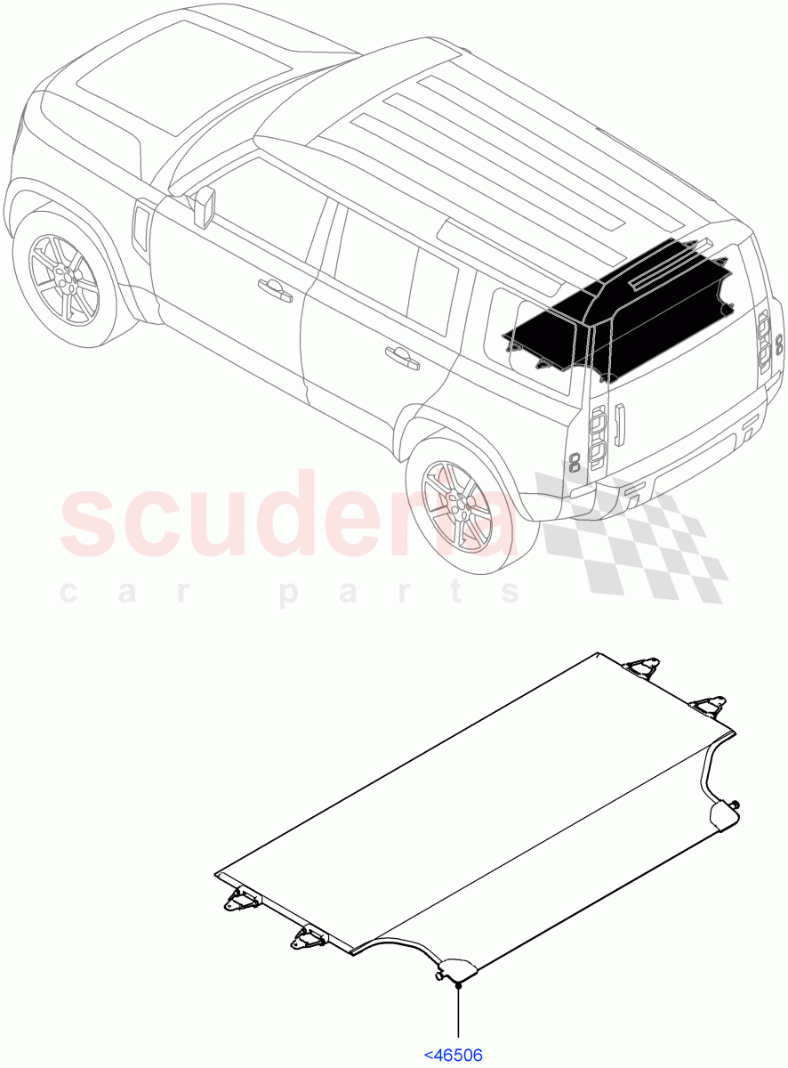 Load Compartment Trim (Upper, Package Tray) (Standard Wheelbase, With Load Area Cover) of Land Rover Land Rover Defender (2020+) [3.0 I6 Turbo Petrol AJ20P6]