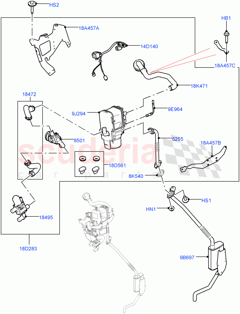 Auxiliary Fuel Fired Pre-Heater (Nitra Plant Build) (2.0L I4 High DOHC AJ200 Petrol, Fuel Fired Heater With Park Heat, 3.0L DOHC GDI SC V6 PETROL, With Fuel Fired Heater, Fuel Heater W/Pk Heat With Remote, 3.0L AJ20P6 Petrol High) ((V) FROMK2000001) of Land Rover Land Rover Discovery 5 (2017+) [3.0 DOHC GDI SC V6 Petrol]