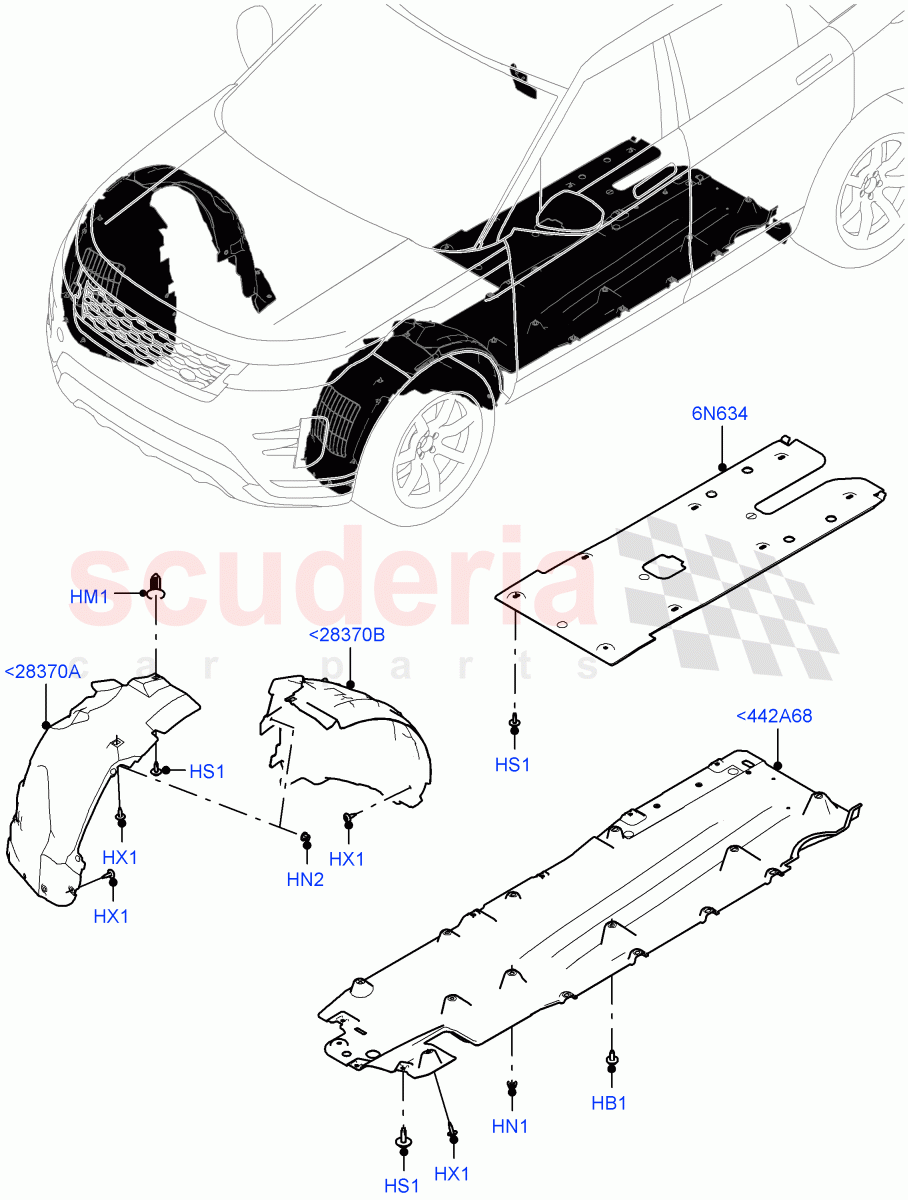 Front Panels, Aprons & Side Members (Wheelhouse) (Halewood (UK), Electric Engine Battery-MHEV, Less Electric Engine Battery) of Land Rover Land Rover Range Rover Evoque (2019+) [2.0 Turbo Petrol AJ200P]