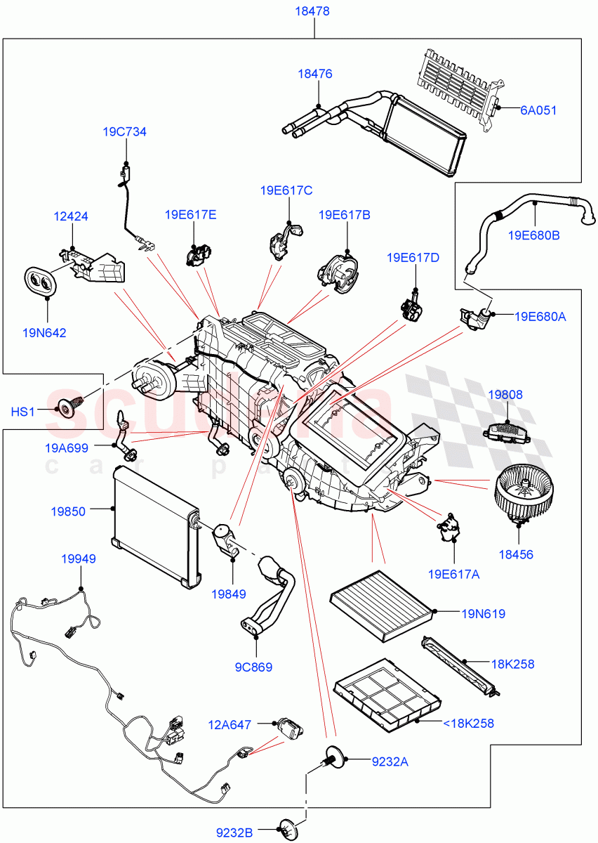 Heater/Air Cond.Internal Components (Heater Main Unit) (With Front Comfort Air Con (IHKA)) ((V) TOLA999999) of Land Rover Land Rover Range Rover Velar (2017+) [2.0 Turbo Diesel AJ21D4]
