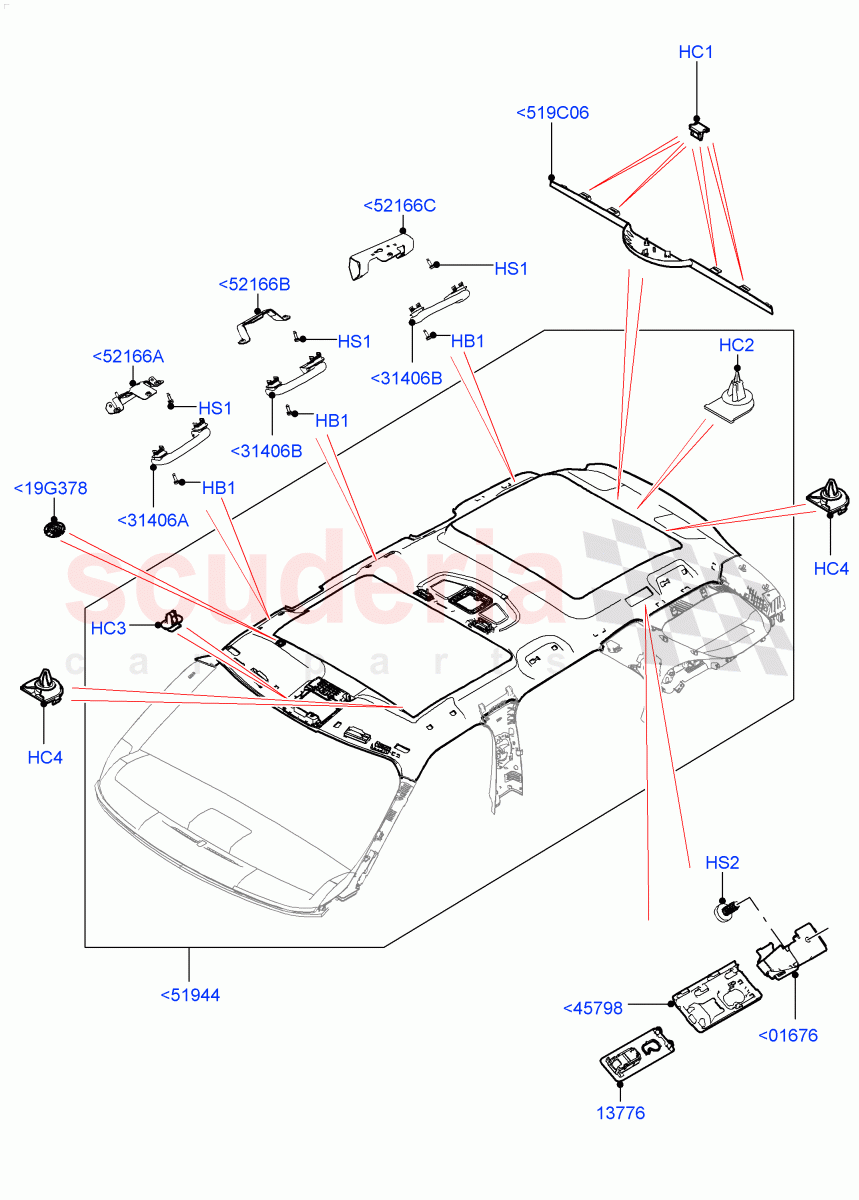 Headlining And Sun Visors (Nitra Plant Build) (Roof Conv-Power Open Front/Rear Pan, With Third Row Power Folding Seat, With 5 Seat Configuration, With 3rd Row Double Seat, With 7 Seat Configuration, Roof Conv-Front And Rear Panoramic, Less 3rd Row Rear Seat) ((V) FROMK2000001) of Land Rover Land Rover Discovery 5 (2017+) [2.0 Turbo Diesel]