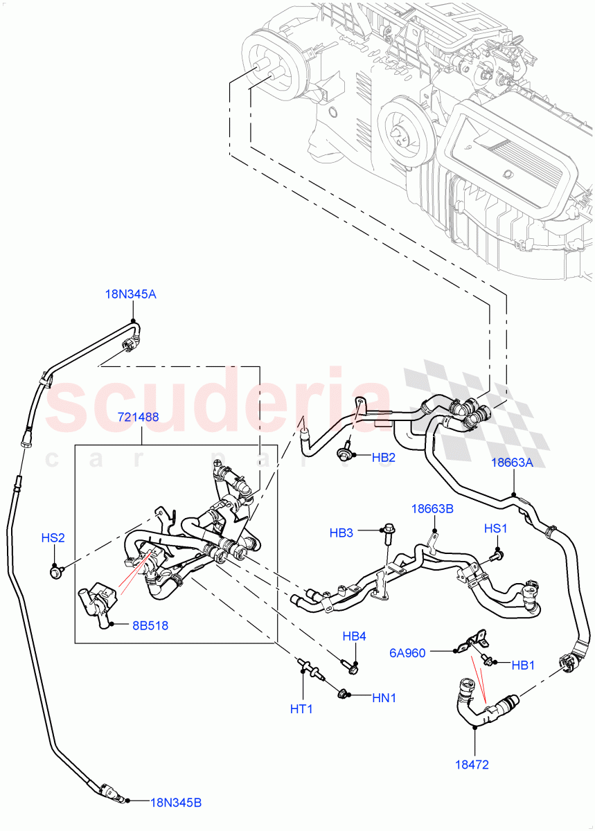 Heater Hoses (Solihull Plant Build) (2.0L I4 High DOHC AJ200 Petrol, Less Heater, With Air Conditioning - Front/Rear, With Front Comfort Air Con (IHKA), With Ptc Heater, With Manual Air Conditioning) ((V) FROMKA000001) of Land Rover Land Rover Discovery 5 (2017+) [3.0 I6 Turbo Diesel AJ20D6]