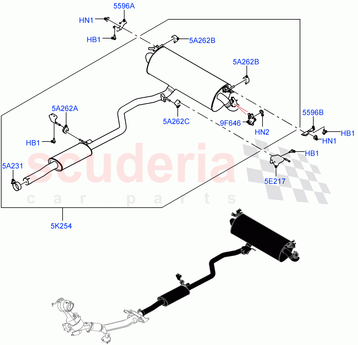 Rear Exhaust System (2.0L AJ20P4 Petrol E100 PTA, Halewood (UK), 2.0L AJ20P4 Petrol Mid PTA) of Land Rover Land Rover Range Rover Evoque (2019+) [2.0 Turbo Petrol AJ200P]