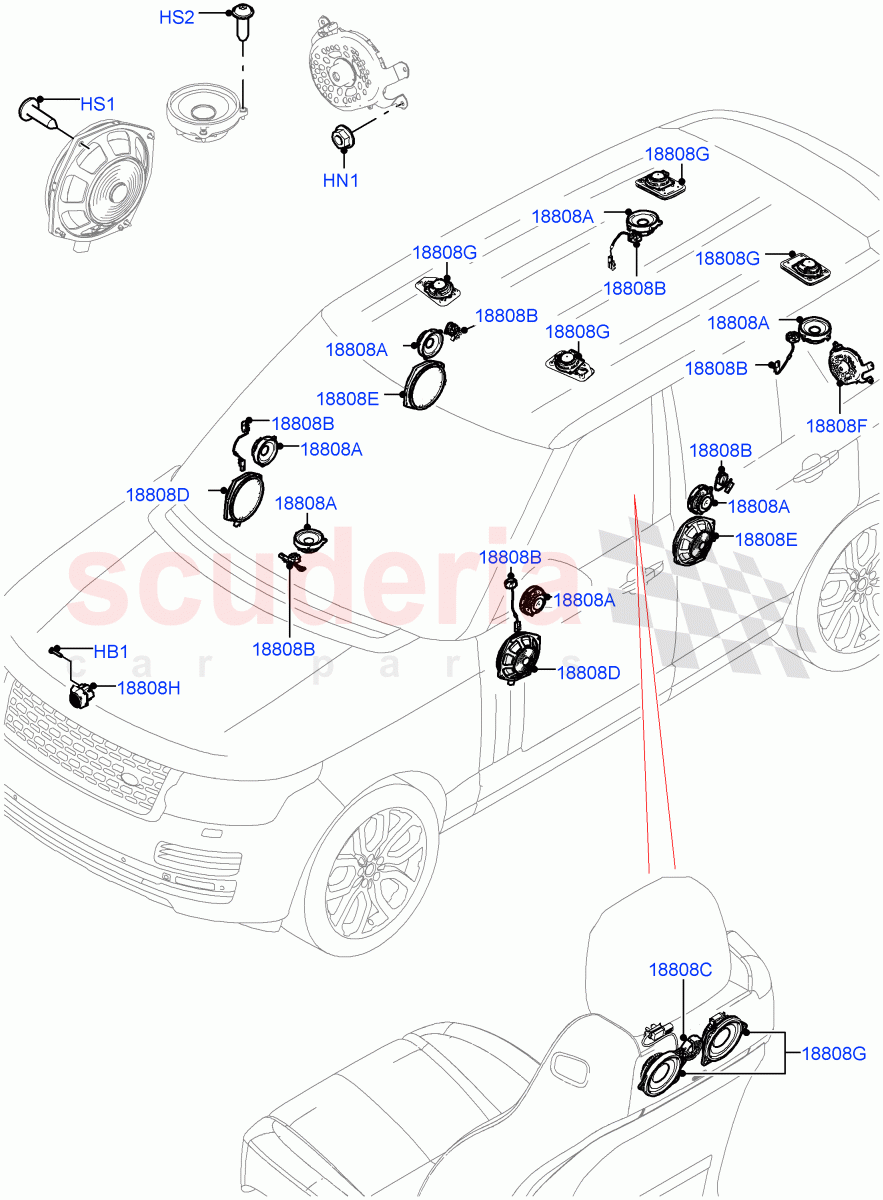 Speakers (Standard Wheelbase, Super Premium Audio 2500 W) ((V) FROMJA000001) of Land Rover Land Rover Range Rover (2012-2021) [5.0 OHC SGDI NA V8 Petrol]