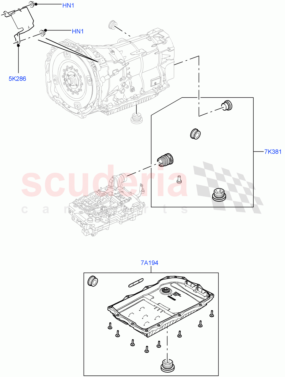 Transmission External Components (3.0 V6 D Gen2 Twin Turbo, 8 Speed Auto Trans ZF 8HP70 HEV 4WD, 3.0 V6 D Gen2 Mono Turbo, 3.0 V6 Diesel Electric Hybrid Eng) ((V) FROMEA000001) of Land Rover Land Rover Range Rover (2012-2021) [3.0 I6 Turbo Petrol AJ20P6]