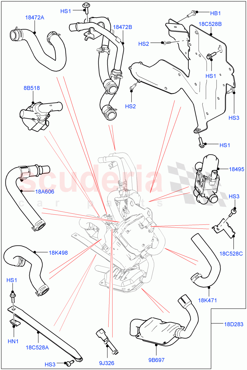 Auxiliary Fuel Fired Pre-Heater (External Components) (3.0L DOHC GDI SC V6 PETROL, Fuel Heater W/Pk Heat With Remote, 3.0 V6 D Gen2 Twin Turbo, 2.0L I4 High DOHC AJ200 Petrol, 2.0L I4 Mid DOHC AJ200 Petrol, 5.0L P AJ133 DOHC CDA S/C Enhanced) of Land Rover Land Rover Range Rover Velar (2017+) [3.0 Diesel 24V DOHC TC]