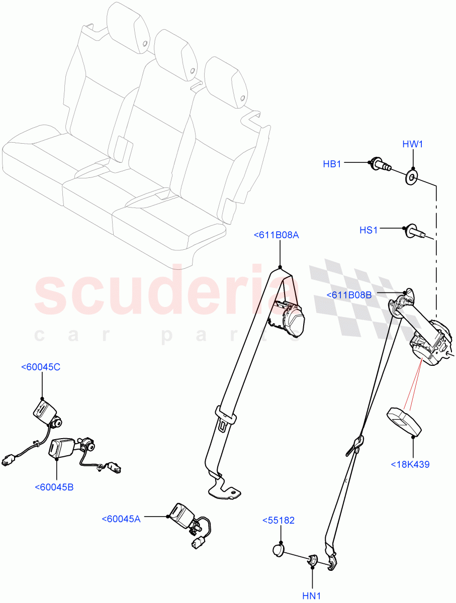 Rear Seat Belts (Nitra Plant Build) ((V) FROMK2000001) of Land Rover Land Rover Discovery 5 (2017+) [3.0 I6 Turbo Petrol AJ20P6]
