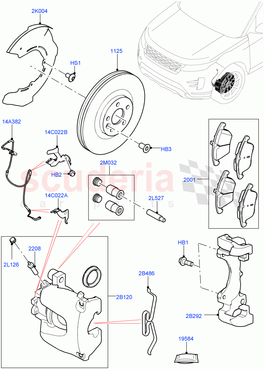 Front Brake Discs And Calipers (Itatiaia (Brazil), Disc Brake Size Frt 17/RR 16, Front Disc And Caliper Size 17) of Land Rover Land Rover Range Rover Evoque (2019+) [1.5 I3 Turbo Petrol AJ20P3]