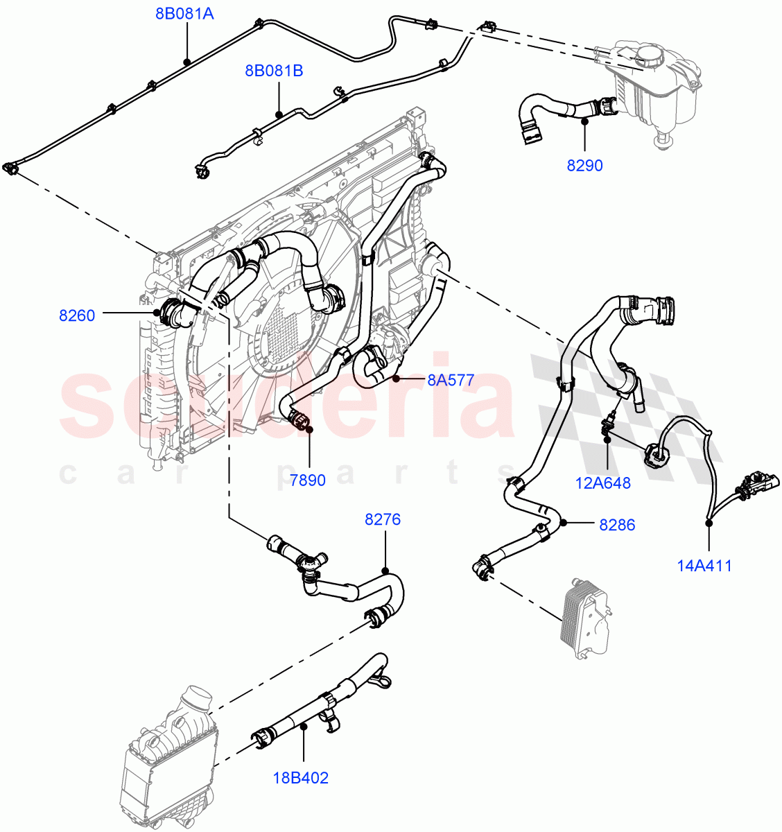 Cooling System Pipes And Hoses (2.0L AJ20P4 Petrol Mid PTA, Halewood (UK), Medium Engine Cooling, Less Active Tranmission Warming, High Engine Cooling, Low Engine Cooling, 2.0L AJ20P4 Petrol E100 PTA) of Land Rover Land Rover Range Rover Evoque (2019+) [2.0 Turbo Petrol AJ200P]
