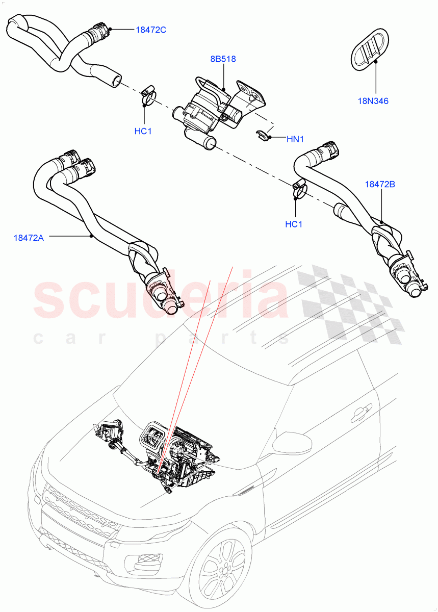 Heater Hoses (2.0L 16V TIVCT T/C 240PS Petrol, Halewood (UK), 2.0L 16V TIVCT T/C Gen2 Petrol) ((V) FROMHH000001) of Land Rover Land Rover Range Rover Evoque (2012-2018) [2.2 Single Turbo Diesel]