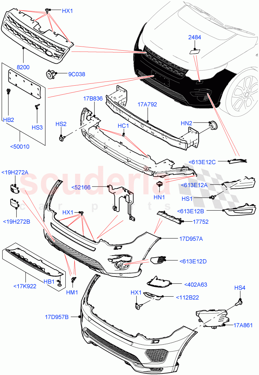 Radiator Grille And Front Bumper (Halewood (UK), Bumper-Aux Cooled Body Colour, Front Bumper - Painted Body Colour) ((V) TOKH999999) of Land Rover Land Rover Discovery Sport (2015+) [2.0 Turbo Diesel AJ21D4]