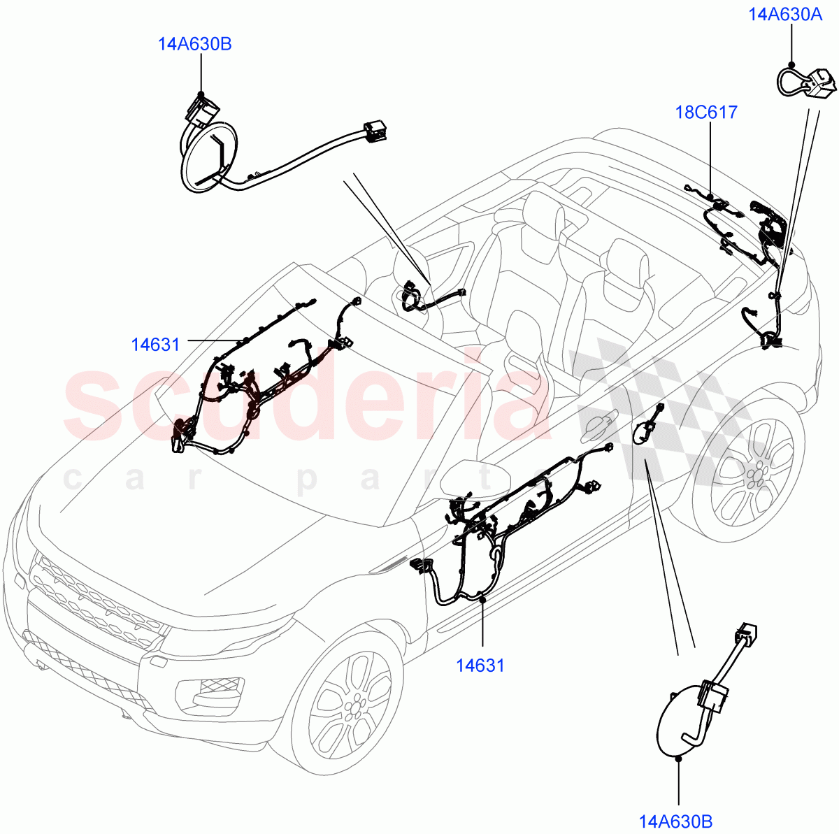 Wiring - Body Closures (Front And Rear Doors) (2 Door Convertible, Halewood (UK)) ((V) FROMGH000001) of Land Rover Land Rover Range Rover Evoque (2012-2018) [2.0 Turbo Petrol AJ200P]