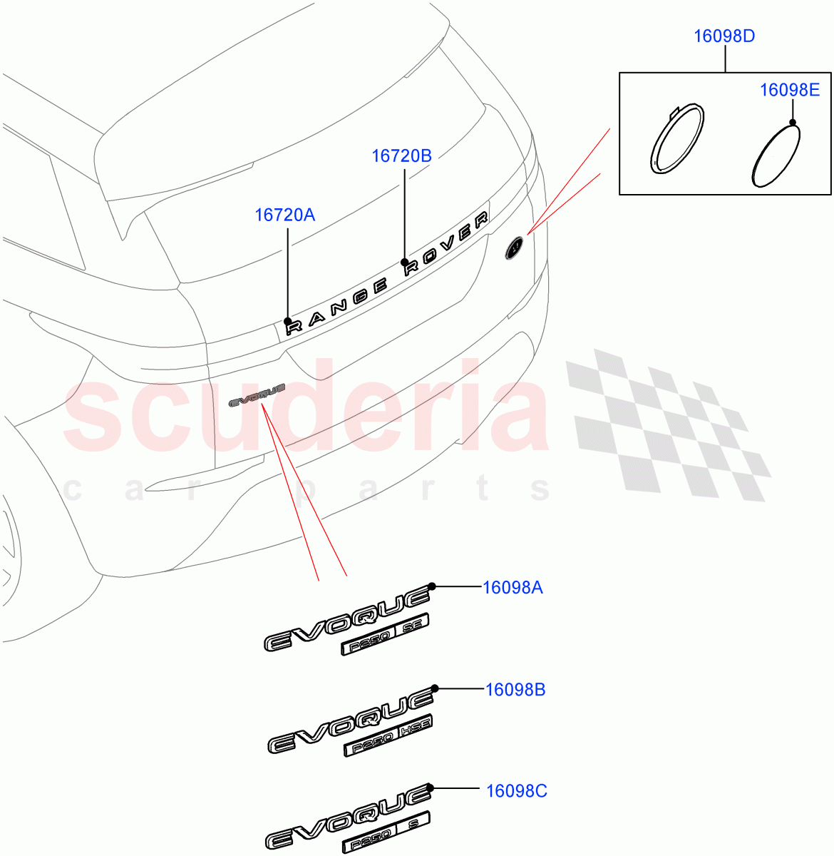 Name Plates (Rear) (Changsu (China), Trunk Badge-HSE, Trunk Badge - S, Trunk Badge-SE) of Land Rover Land Rover Range Rover Evoque (2019+) [2.0 Turbo Diesel]