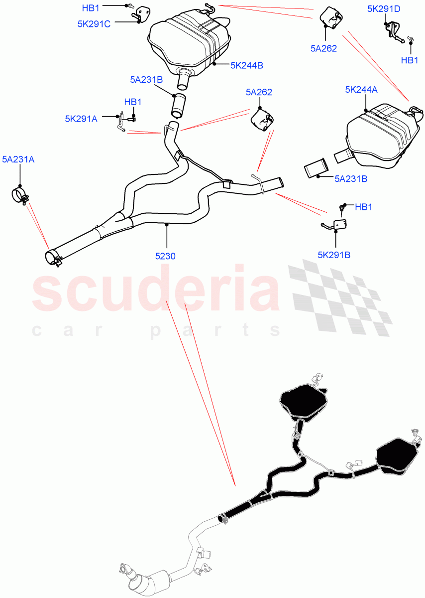 Rear Exhaust System (Solihull Plant Build) (3.0 V6 D Low MT ROW, Euro Stage 4 Emissions) ((V) FROMHA000001) of Land Rover Land Rover Discovery 5 (2017+) [3.0 Diesel 24V DOHC TC]