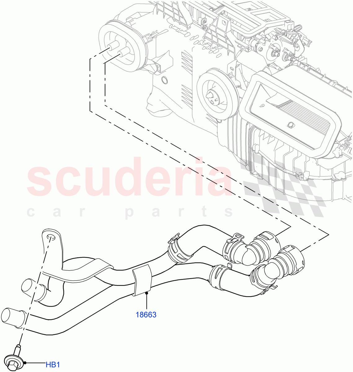 Heater Hoses (Solihull Plant Build) (3.0L DOHC GDI SC V6 PETROL, With Manual Air Conditioning, With Front Comfort Air Con (IHKA), 3.0 V6 D Low MT ROW, With Air Conditioning - Front/Rear, 3.0 V6 D Gen2 Twin Turbo, 3.0 V6 D Gen2 Mono Turbo) ((V) FROMKA000001) of Land Rover Land Rover Discovery 5 (2017+) [3.0 DOHC GDI SC V6 Petrol]