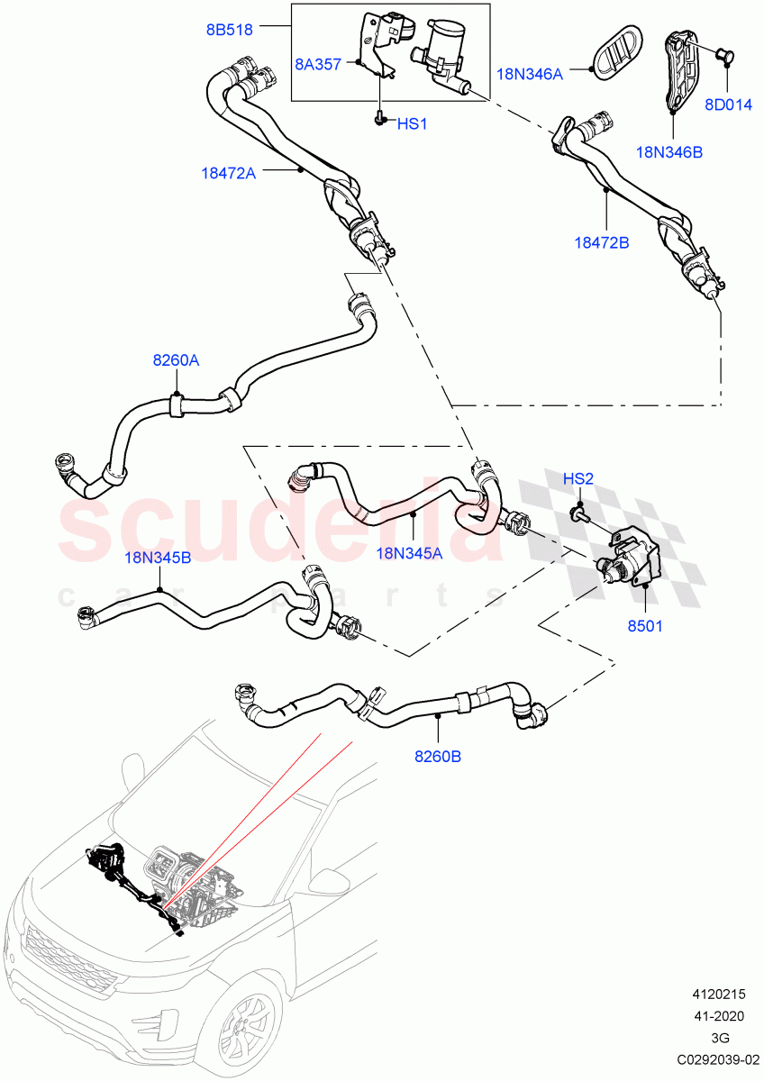 Heater Hoses (2.0L AJ20P4 Petrol High PTA, Halewood (UK), 2.0L AJ20P4 Petrol E100 PTA, 2.0L AJ20P4 Petrol Mid PTA) of Land Rover Land Rover Range Rover Evoque (2019+) [1.5 I3 Turbo Petrol AJ20P3]