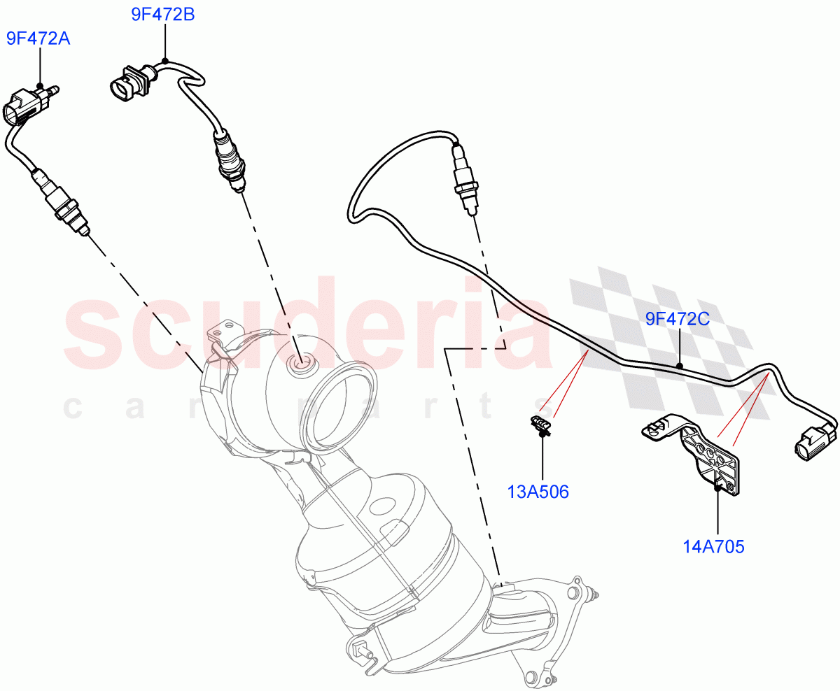 Exhaust Sensors And Modules (2.0L I4 Mid DOHC AJ200 Petrol, Japan DBA Emissions, SULEV Requirements, 2.0L I4 High DOHC AJ200 Petrol) ((V) FROMJH000001) of Land Rover Land Rover Range Rover Evoque (2012-2018) [2.0 Turbo Petrol AJ200P]