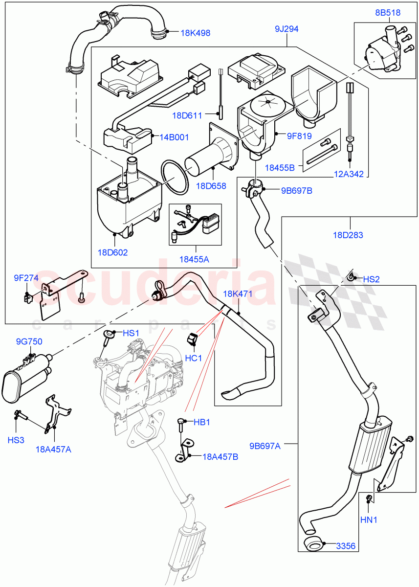 Auxiliary Fuel Fired Pre-Heater (Solihull Plant Build, Heater Components) (Less Auxiliary Coolant Pumps, With Fuel Fired Heater) ((V) FROMHA000001, (V) TOHA999999) of Land Rover Land Rover Discovery 5 (2017+) [3.0 DOHC GDI SC V6 Petrol]