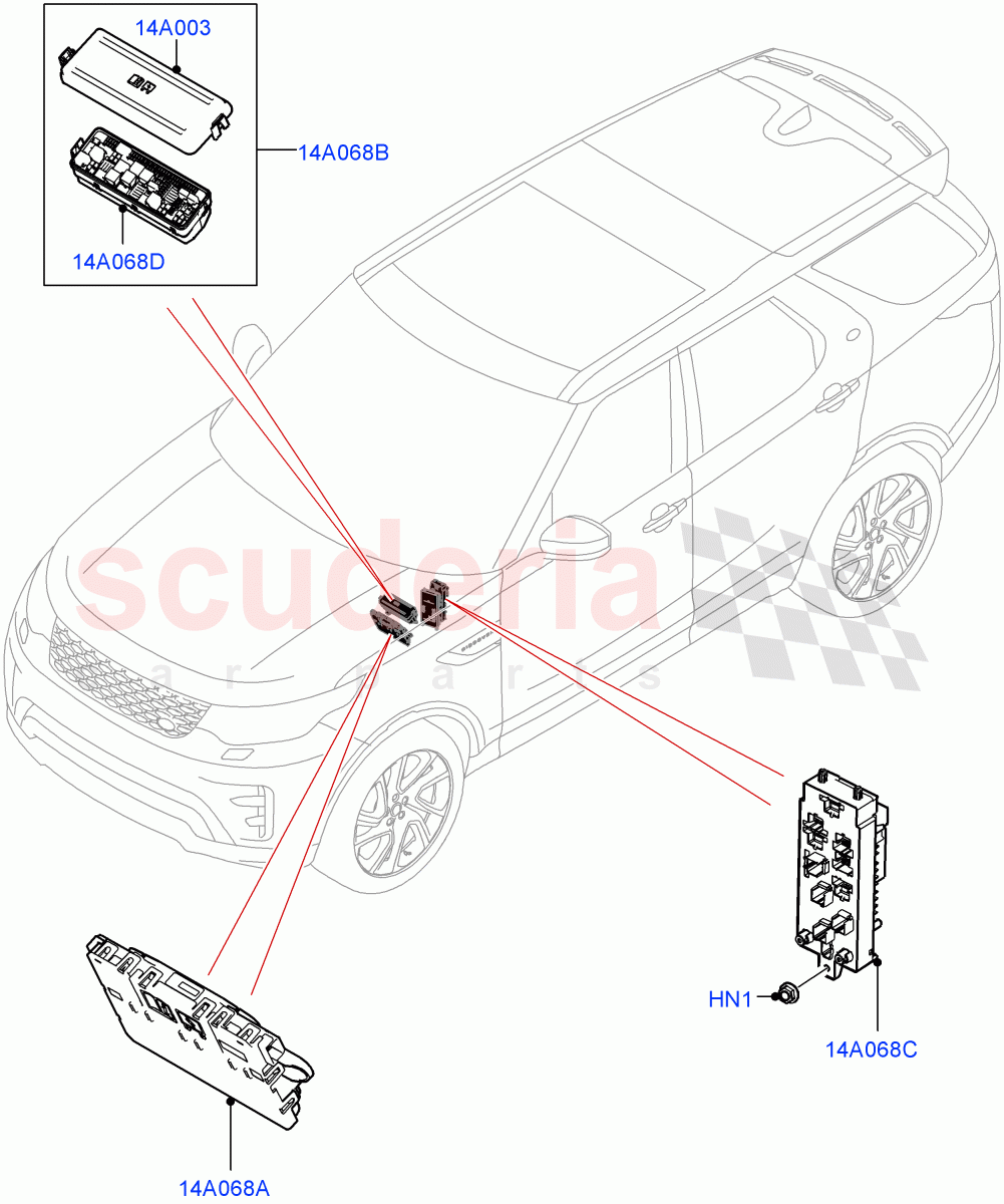Fuses, Holders And Circuit Breakers (Nitra Plant Build, Front) ((V) FROMK2000001) of Land Rover Land Rover Discovery 5 (2017+) [3.0 I6 Turbo Diesel AJ20D6]