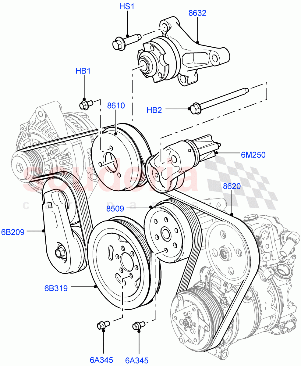 Pulleys And Drive Belts (Front) (3.0 V6 Diesel, Less Roll Stability Control, Less ACE Suspension) ((V) FROMAA000001) of Land Rover Land Rover Discovery 4 (2010-2016) [3.0 Diesel 24V DOHC TC]