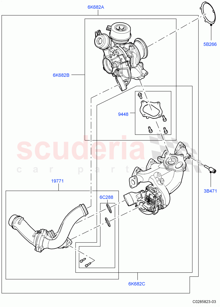 Turbocharger (2.0L I4 DSL HIGH DOHC AJ200, Itatiaia (Brazil)) ((V) FROMJT000001) of Land Rover Land Rover Range Rover Evoque (2012-2018) [2.0 Turbo Diesel]