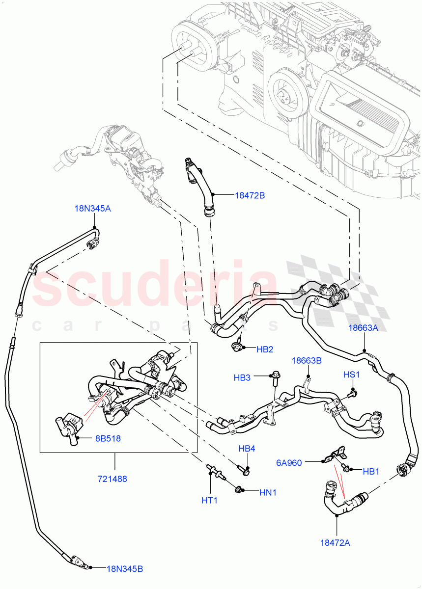 Heater Hoses (Solihull Plant Build) (2.0L I4 High DOHC AJ200 Petrol, With Fuel Fired Heater, With Manual Air Conditioning, Fuel Heater W/Pk Heat With Remote, With Front Comfort Air Con (IHKA), With Air Conditioning - Front/Rear, Fuel Fired Heater With Park Heat) ((V) FROMKA000001) of Land Rover Land Rover Discovery 5 (2017+) [2.0 Turbo Diesel]