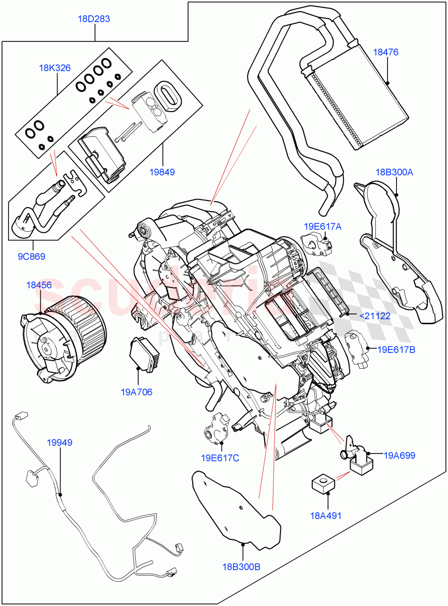 Heater/Air Cond.Internal Components (Auxiliary Heater, Solihull Plant Build) (Premium Air Conditioning-Front/Rear) ((V) FROMKA000001) of Land Rover Land Rover Discovery 5 (2017+) [3.0 Diesel 24V DOHC TC]