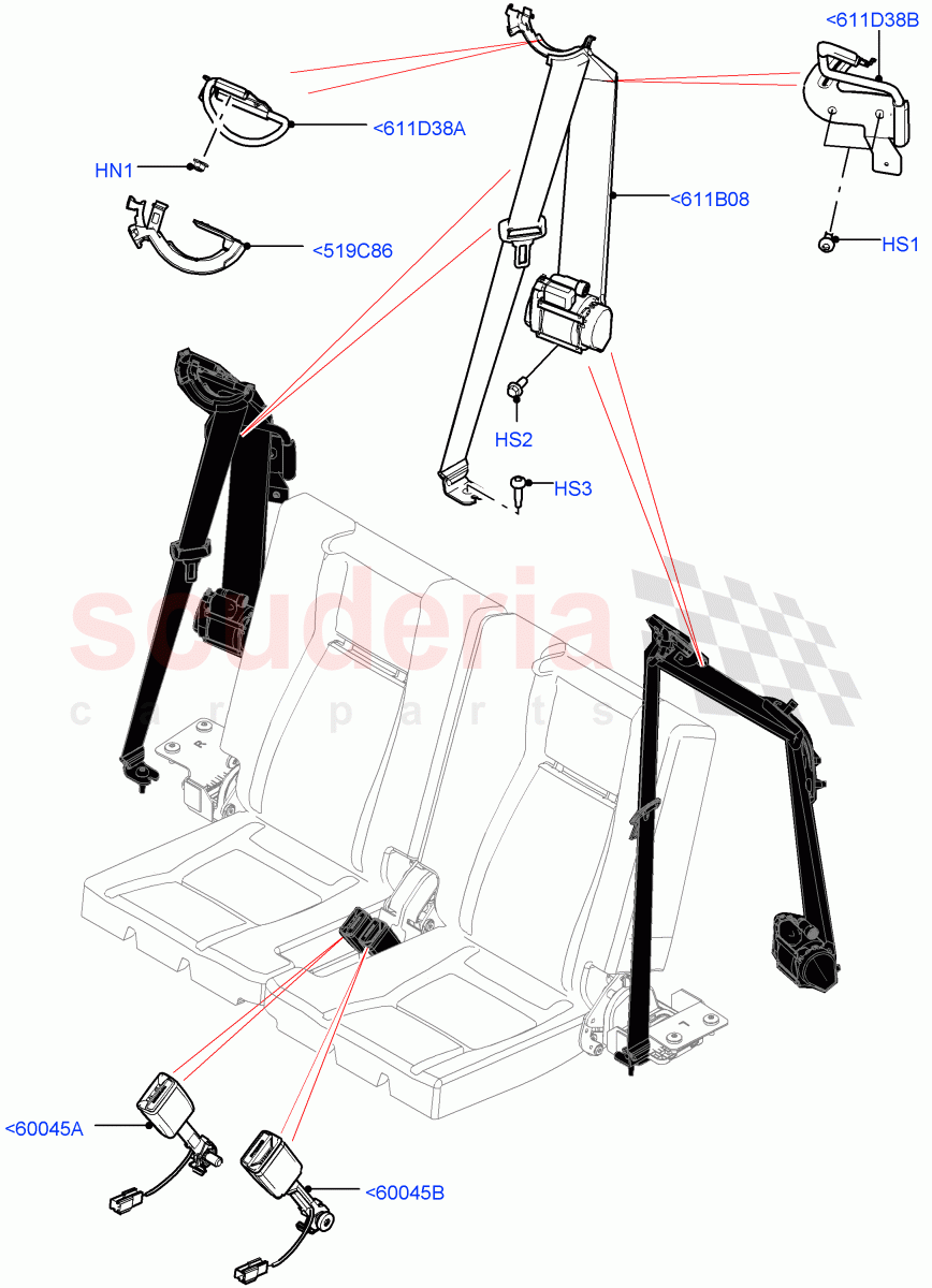 Rear Seat Belts (Itatiaia (Brazil), 60/40 Load Through With Slide, Third Row Dual Individual Seat) ((V) FROMGT000001) of Land Rover Land Rover Discovery Sport (2015+) [2.0 Turbo Petrol AJ200P]