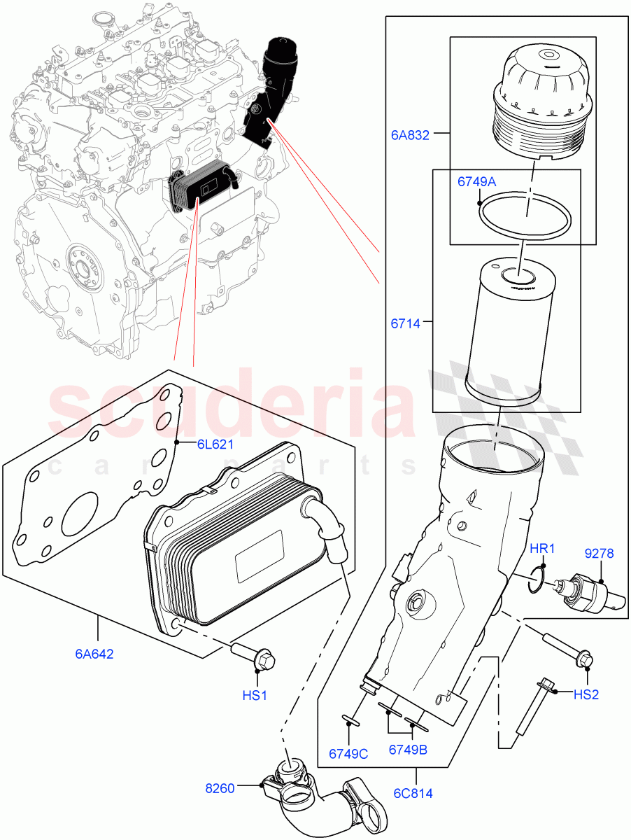 Oil Cooler And Filter (2.0L I4 High DOHC AJ200 Petrol, 2.0L I4 Mid DOHC AJ200 Petrol, 2.0L I4 Mid AJ200 Petrol E100) ((V) FROMJH000001) of Land Rover Land Rover Range Rover Evoque (2012-2018) [2.0 Turbo Petrol AJ200P]