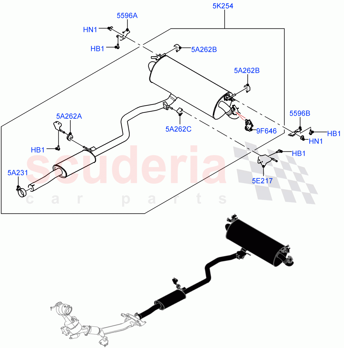 Rear Exhaust System (2.0L AJ20P4 Petrol High PTA, Halewood (UK)) of Land Rover Land Rover Range Rover Evoque (2019+) [2.0 Turbo Petrol AJ200P]