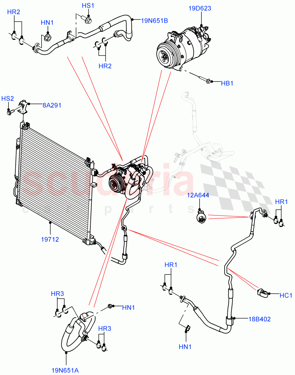 Air Conditioning Condensr/Compressr (Front, Nitra Plant Build) (2.0L I4 DSL MID DOHC AJ200, 2.0L I4 High DOHC AJ200 Petrol, 2.0L I4 DSL HIGH DOHC AJ200) ((V) FROMK2000001, (V) TOL2999999) of Land Rover Land Rover Discovery 5 (2017+) [2.0 Turbo Diesel]