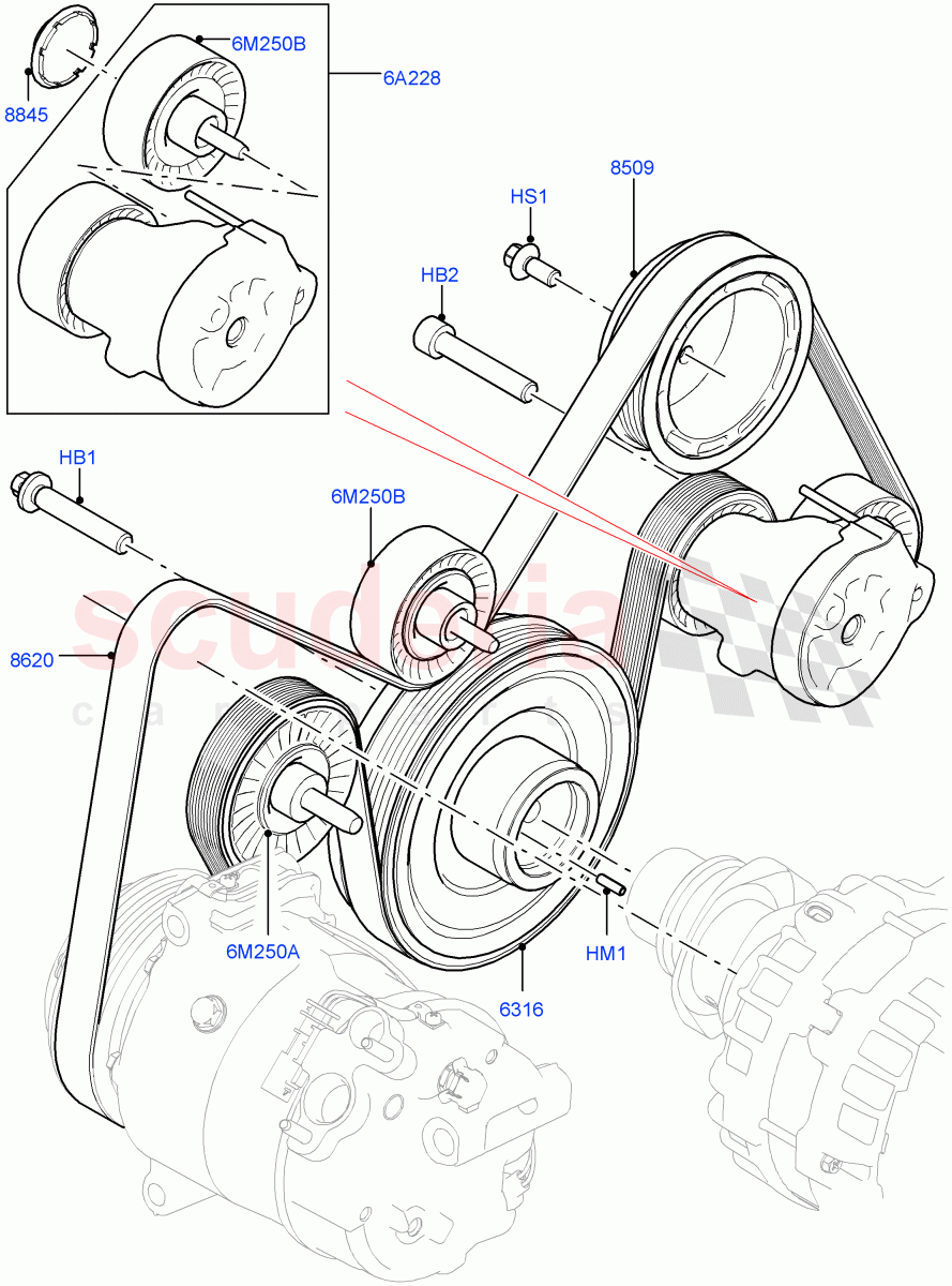 Pulleys And Drive Belts (2.0L I4 Mid AJ200 Petrol E100, Itatiaia (Brazil), 2.0L I4 Mid DOHC AJ200 Petrol) ((V) FROMJT000001) of Land Rover Land Rover Range Rover Evoque (2012-2018) [2.0 Turbo Petrol AJ200P]