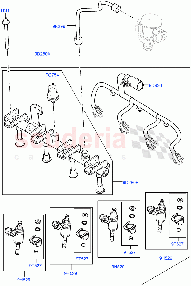 Fuel Injectors And Pipes (2.0L I4 High DOHC AJ200 Petrol, 2.0L I4 Mid DOHC AJ200 Petrol, 2.0L I4 Mid AJ200 Petrol E100) ((V) FROMJH000001) of Land Rover Land Rover Range Rover Evoque (2012-2018) [2.0 Turbo Petrol AJ200P]