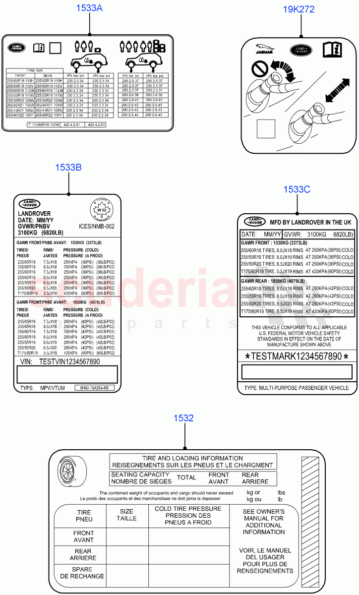 Labels (Tyre Pressure Label) of Land Rover Land Rover Range Rover Velar (2017+) [5.0 OHC SGDI SC V8 Petrol]