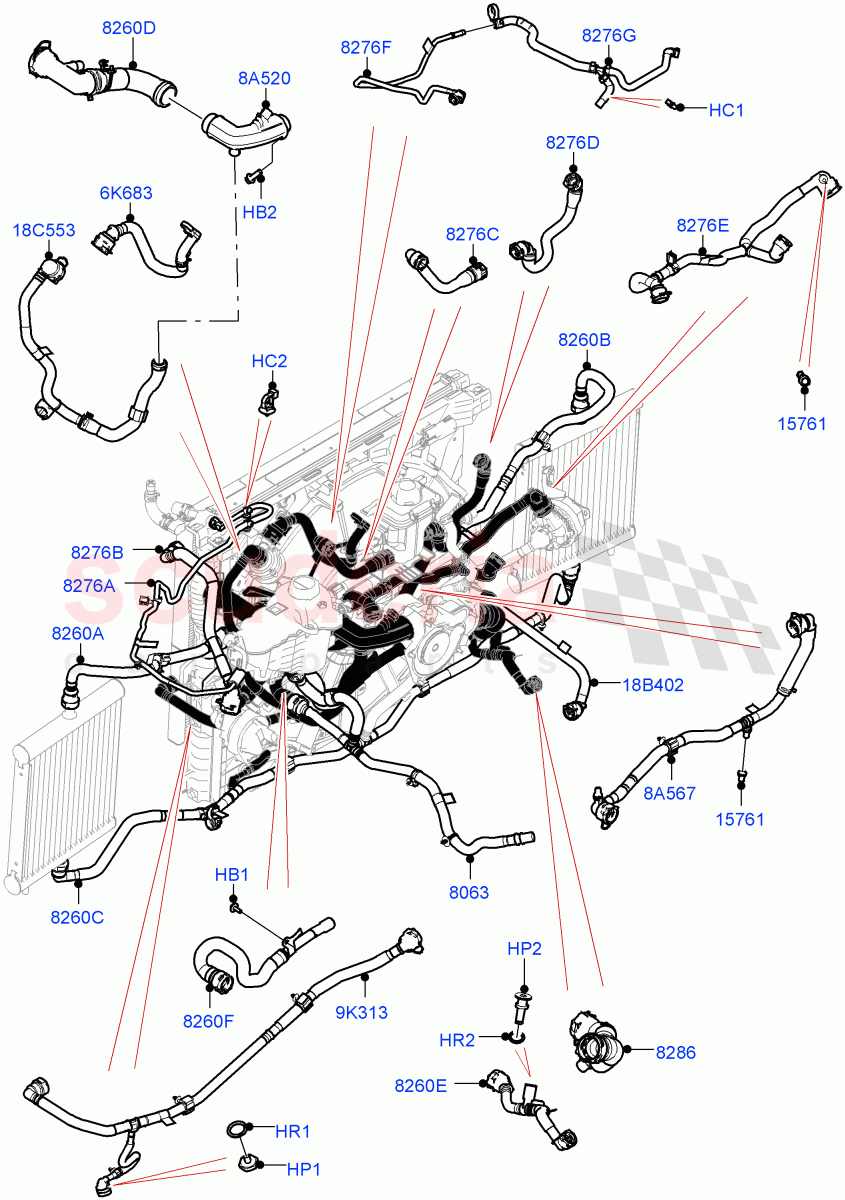 Cooling System Pipes And Hoses (4.4 V8 Turbo Petrol (NC10), With Extra Engine Cooling System) of Land Rover Land Rover Range Rover (2022+) [4.4 V8 Turbo Petrol NC10]