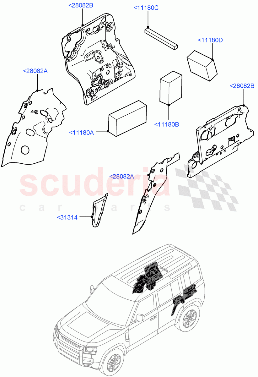 Insulators - Rear (Luggage Compartment) (Standard Wheelbase) of Land Rover Land Rover Defender (2020+) [3.0 I6 Turbo Petrol AJ20P6]