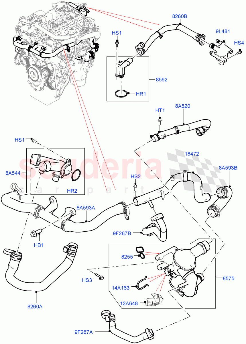 Thermostat/Housing & Related Parts (Solihull Plant Build) (2.0L I4 High DOHC AJ200 Petrol, 2.0L AJ200P Hi PHEV, 2.0L I4 Mid DOHC AJ200 Petrol) ((V) FROMHA000001, (V) TOLA999999) of Land Rover Land Rover Range Rover Sport (2014+) [2.0 Turbo Petrol AJ200P]