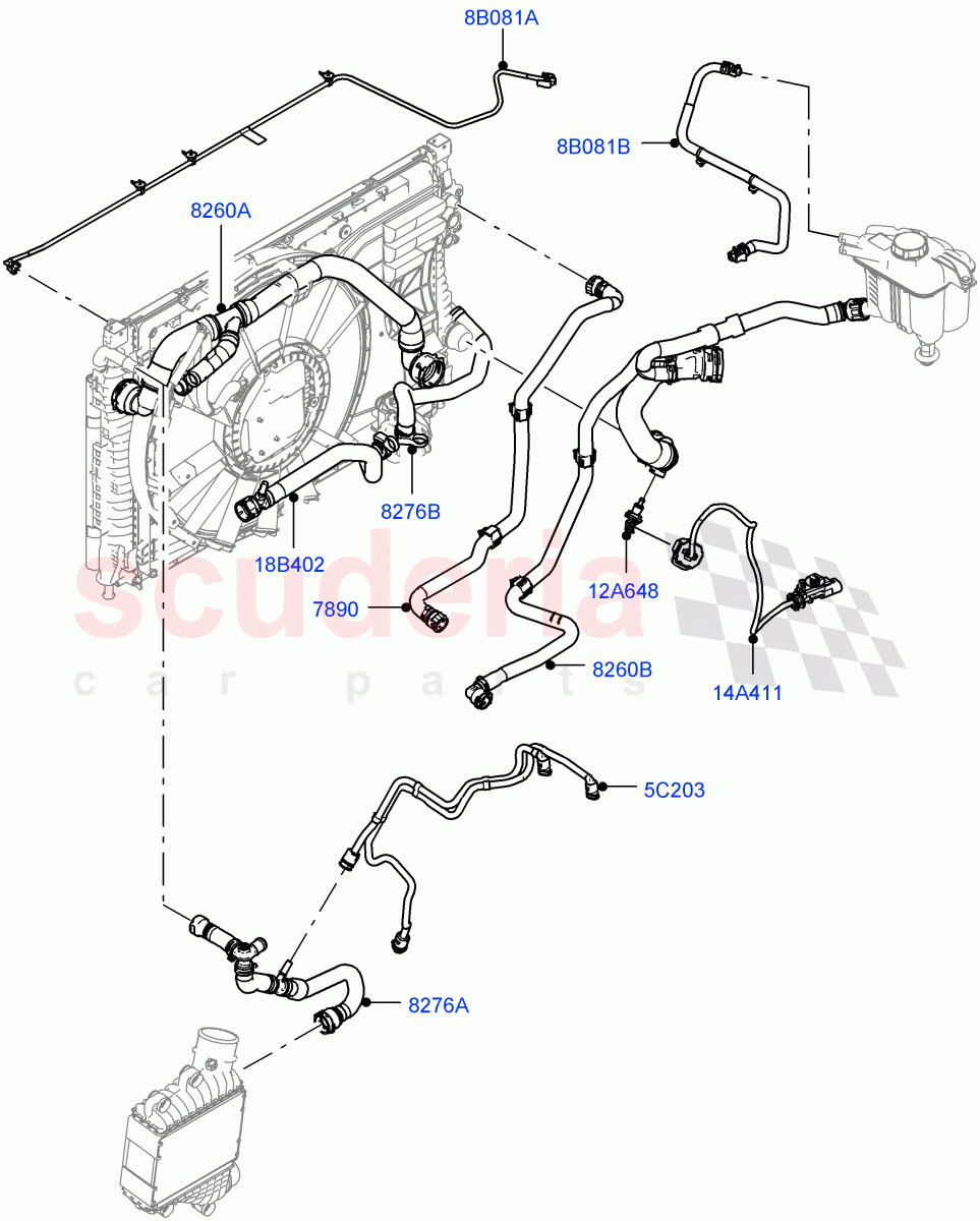 Cooling System Pipes And Hoses (2.0L AJ20D4 Diesel Mid PTA, 9 Speed Auto Trans 9HP50, Halewood (UK), Low Engine Cooling, Fuel Tank-Diesel With Filters, 2.0L AJ20D4 Diesel LF PTA, High Engine Cooling, Medium Engine Cooling) of Land Rover Land Rover Range Rover Evoque (2019+) [2.0 Turbo Diesel]