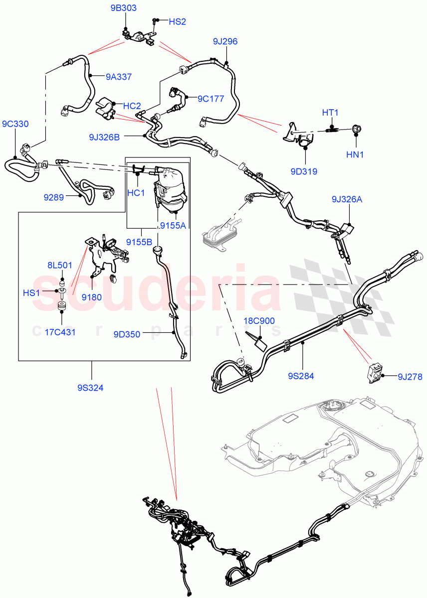 Fuel Lines (Nitra Plant Build, Front) (2.0L I4 DSL MID DOHC AJ200, 2.0L I4 DSL HIGH DOHC AJ200) ((V) FROMK2000001) of Land Rover Land Rover Discovery 5 (2017+) [2.0 Turbo Diesel]