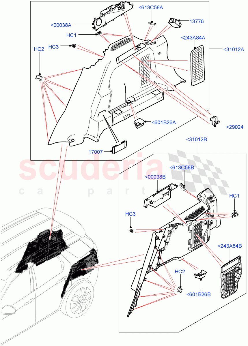 Side Trim (Luggage Compartment) (Changsu (China), 60/40 Load Through With Slide, Climate Control - Chiller Unit, Less Chiller Unit) ((V) FROMFG000001) of Land Rover Land Rover Discovery Sport (2015+) [2.0 Turbo Diesel AJ21D4]