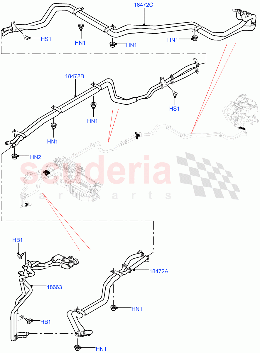 Heater Hoses (Rear) (3.0L DOHC GDI SC V6 PETROL, Premium Air Conditioning-Front/Rear, 3.0 V6 D Gen2 Twin Turbo, 5.0L P AJ133 DOHC CDA S/C Enhanced, 3.0 V6 D Low MT ROW, 3.0 V6 D Gen2 Mono Turbo, 5.0 Petrol AJ133 DOHC CDA, 4.4L DOHC DITC V8 Diesel) ((V) FROMKA000001) of Land Rover Land Rover Range Rover Sport (2014+) [3.0 I6 Turbo Diesel AJ20D6]