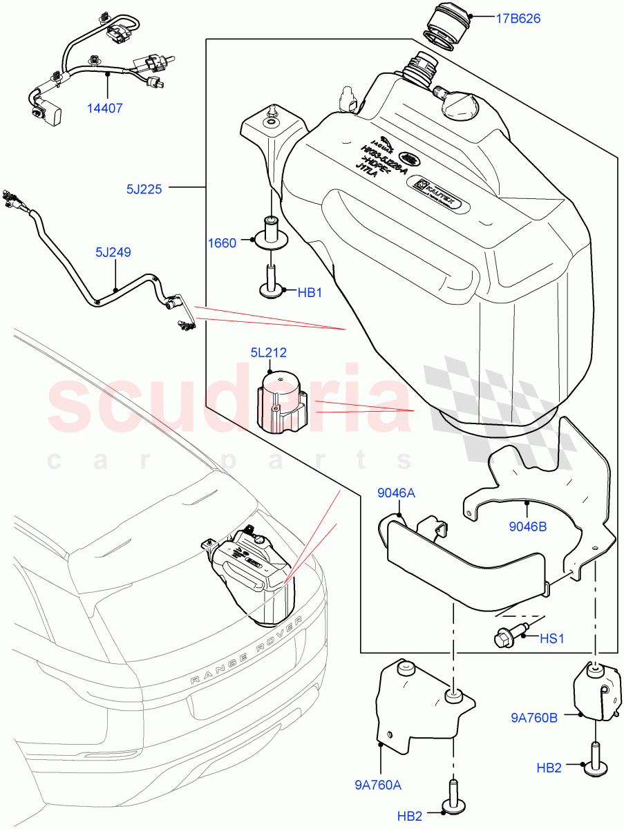 Exhaust Fluid Injection System (Tank and Lines) (2.0L I4 DSL HIGH DOHC AJ200, With Diesel Exh Fluid Emission Tank, 2.0L I4 DSL MID DOHC AJ200) of Land Rover Land Rover Range Rover Velar (2017+) [2.0 Turbo Diesel]