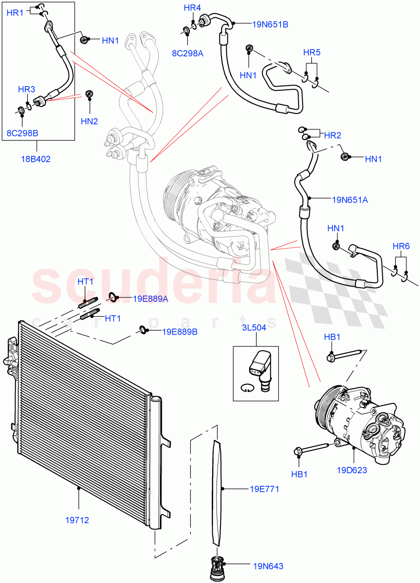 Air Conditioning Condensr/Compressr (2.0L I4 DSL MID DOHC AJ200, Itatiaia (Brazil), 2.0L I4 Mid DOHC AJ200 Petrol, 2.0L I4 DSL HIGH DOHC AJ200, 2.0L I4 Mid AJ200 Petrol E100, 2.0L AJ20D4 Diesel Mid PTA) ((V) FROMGT000001) of Land Rover Land Rover Discovery Sport (2015+) [1.5 I3 Turbo Petrol AJ20P3]
