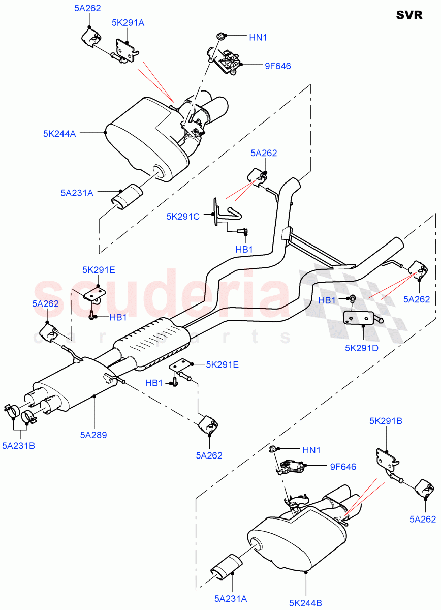 Exhaust System (Middle And Rear Section) (5.0L OHC SGDI SC V8 Petrol - AJ133, SVR Version, SVR, 5.0L P AJ133 DOHC CDA S/C Enhanced) ((V) FROMFA000001) of Land Rover Land Rover Range Rover Sport (2014+) [5.0 OHC SGDI SC V8 Petrol]