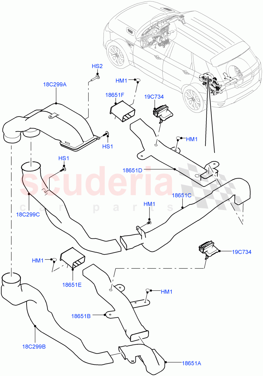 Air Vents, Louvres And Ducts (Internal Components, Under Rear Seat) (With 7 Seat Configuration, Premium Air Con Hybrid Front/Rear, With Air Conditioning - Front/Rear) ((V) TOJA999999) of Land Rover Land Rover Range Rover Sport (2014+) [2.0 Turbo Petrol GTDI]