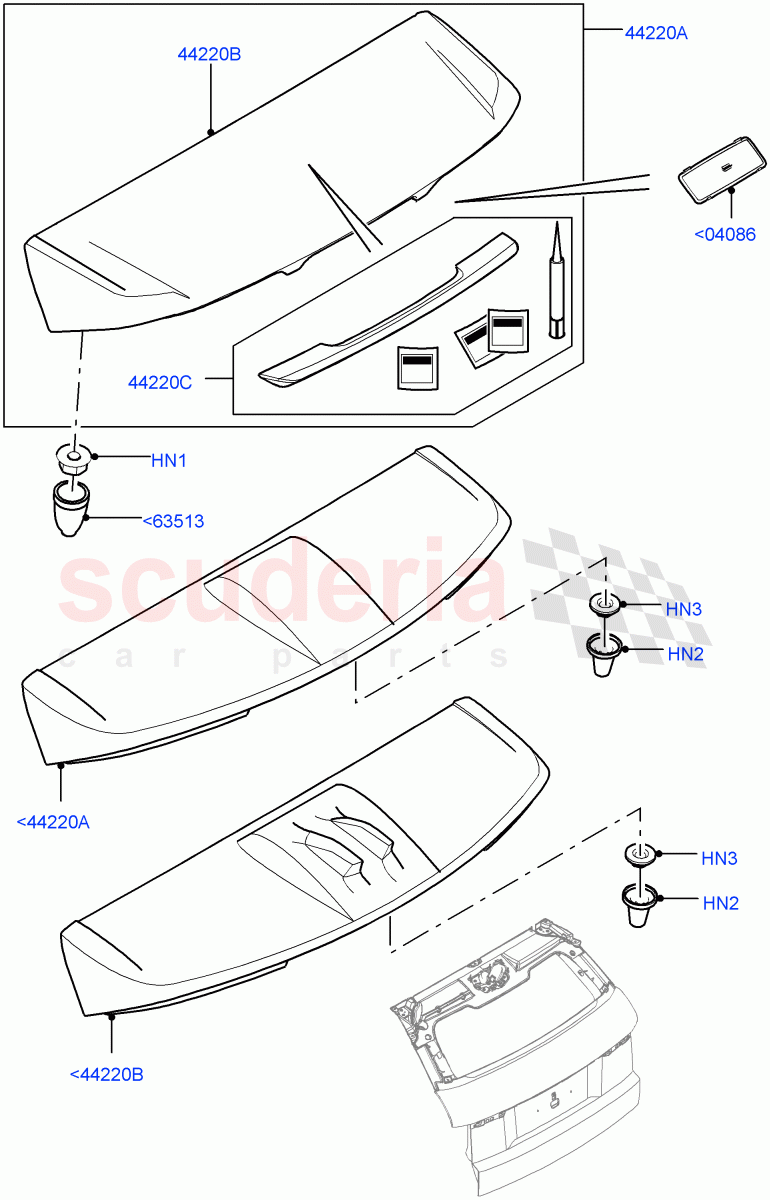 Spoiler And Related Parts (3 Door, Halewood (UK), With Roof Spoiler-Union Flag Mono, With Roof Spoiler-Union Flag Colour, 5 Door, With Roof Spoiler - Painted Black, With Roof Spoiler, Less Roof Spoiler) ((V) TOGH999999) of Land Rover Land Rover Range Rover Evoque (2012-2018) [2.0 Turbo Petrol GTDI]
