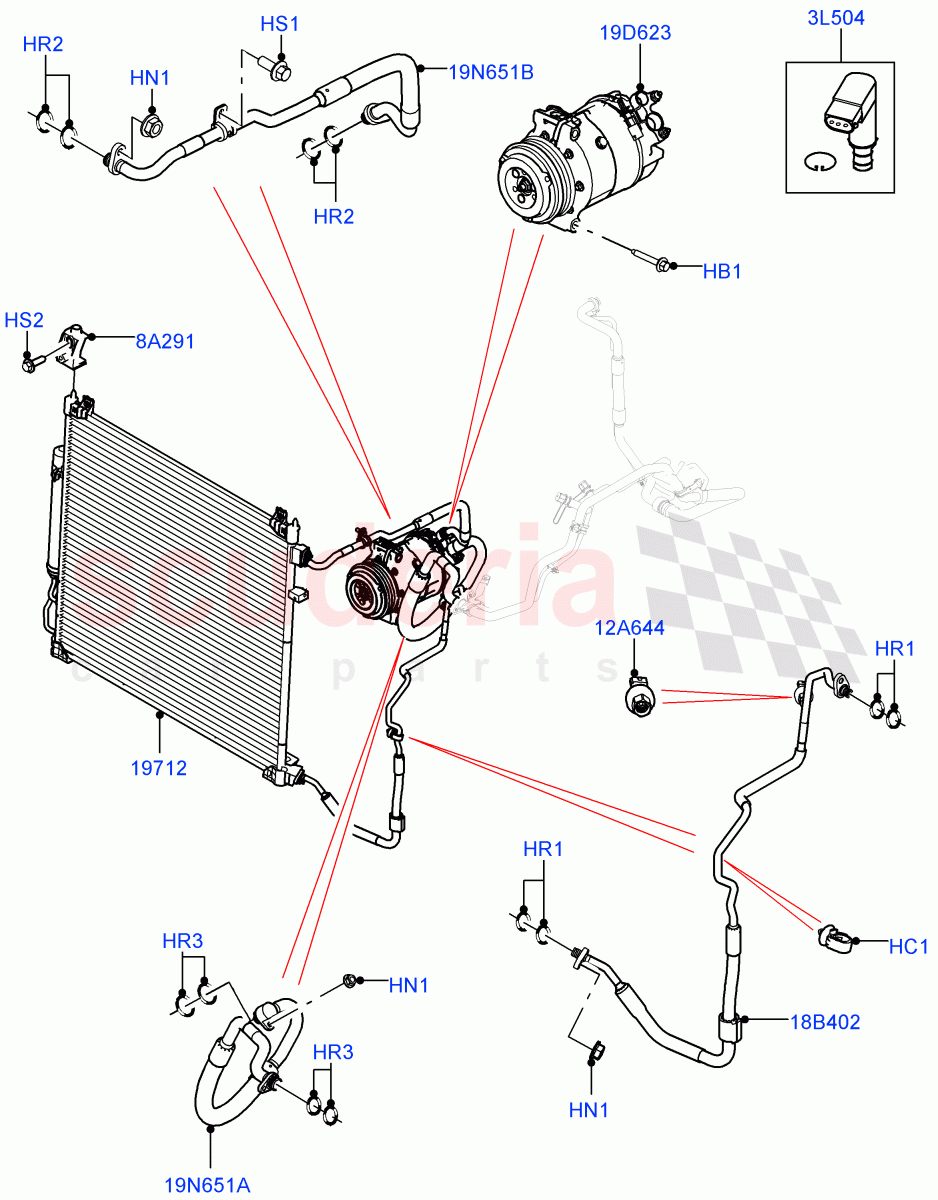 Air Conditioning Condensr/Compressr (Front, Solihull Plant Build) (2.0L I4 DSL MID DOHC AJ200, 2.0L I4 High DOHC AJ200 Petrol, 2.0L I4 DSL HIGH DOHC AJ200) ((V) FROMHA000001) of Land Rover Land Rover Discovery 5 (2017+) [3.0 Diesel 24V DOHC TC]